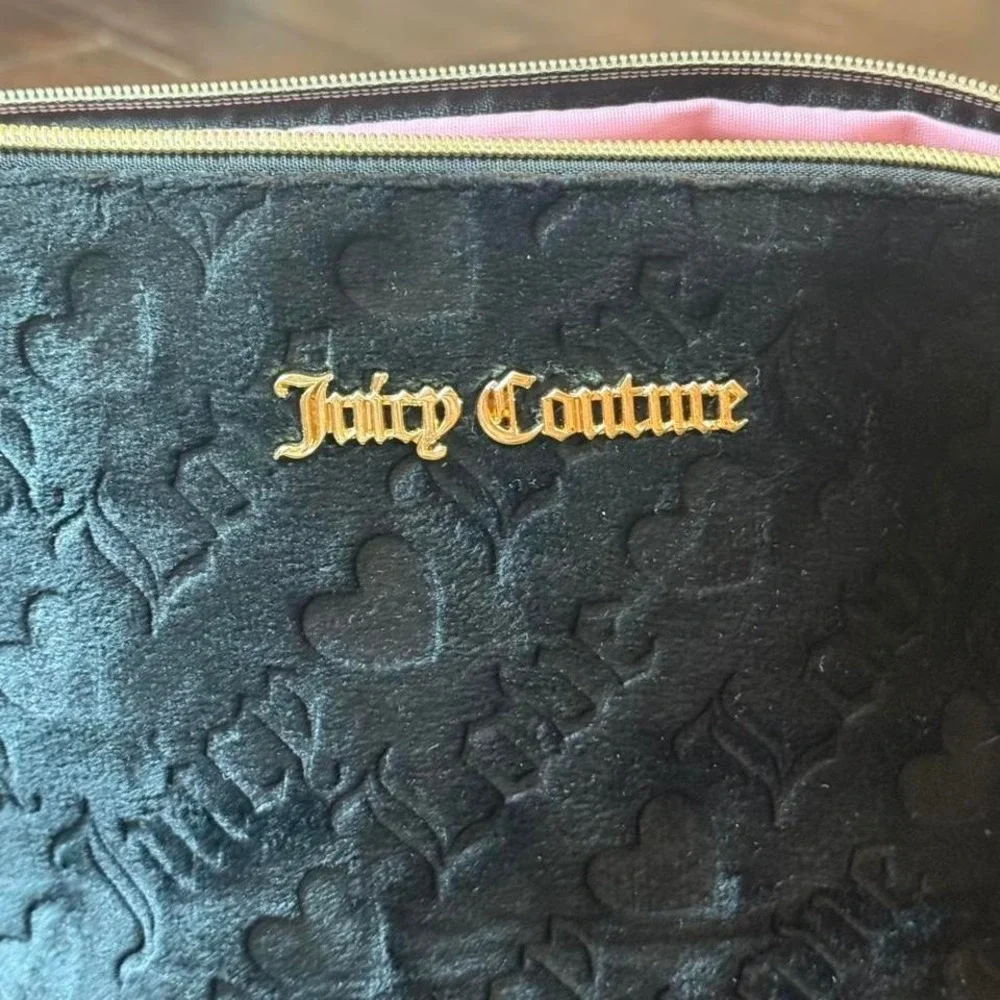 Juicy Couture Black‎ Velvet Makeup Bag Y2K Gold Logo Pink Lining